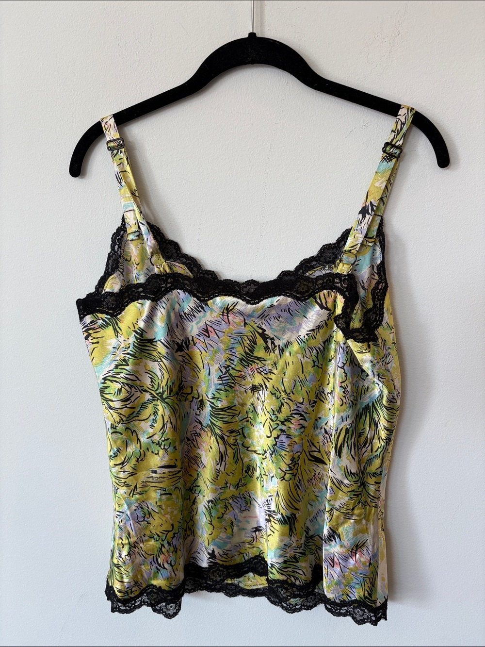 Dana Buchman silk Y2K Yellow Floral Satin Camisole with Black Lace Trim Sz 12 - Picture 5 of 5